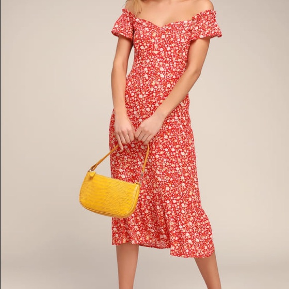 Lulus Red Floral Off Shoulder Midi Dress, Size S